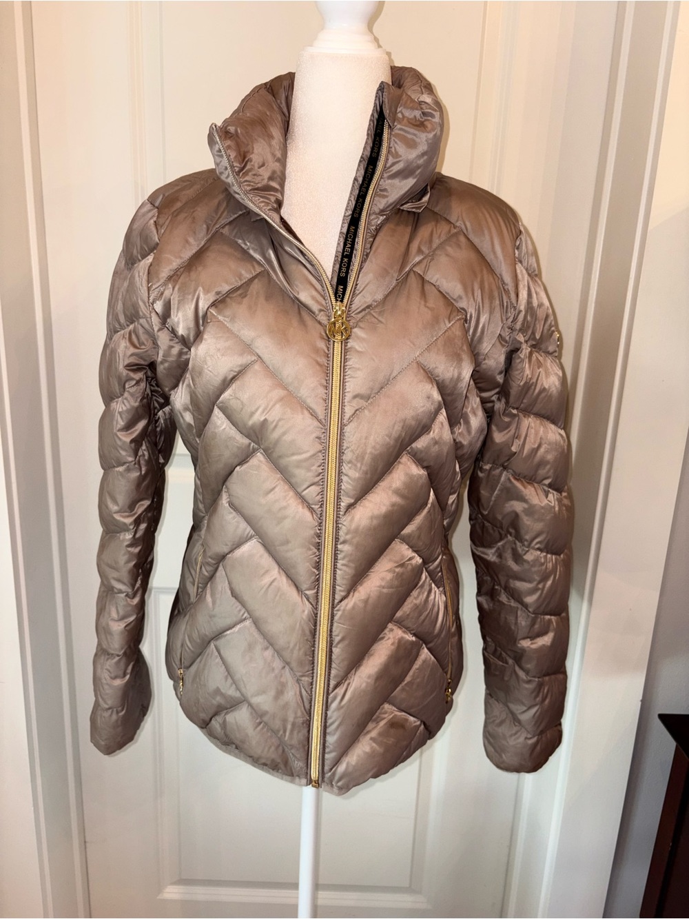 Michael Kors Metallic Taupe Quilted Puffer Jacket